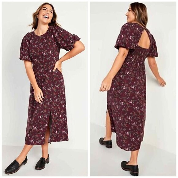 Old Navy Dresses & Skirts - Old Navy Dress Women's 3X Maroon Floral Slit Puff Sleeve Maxi Cottage Prairie